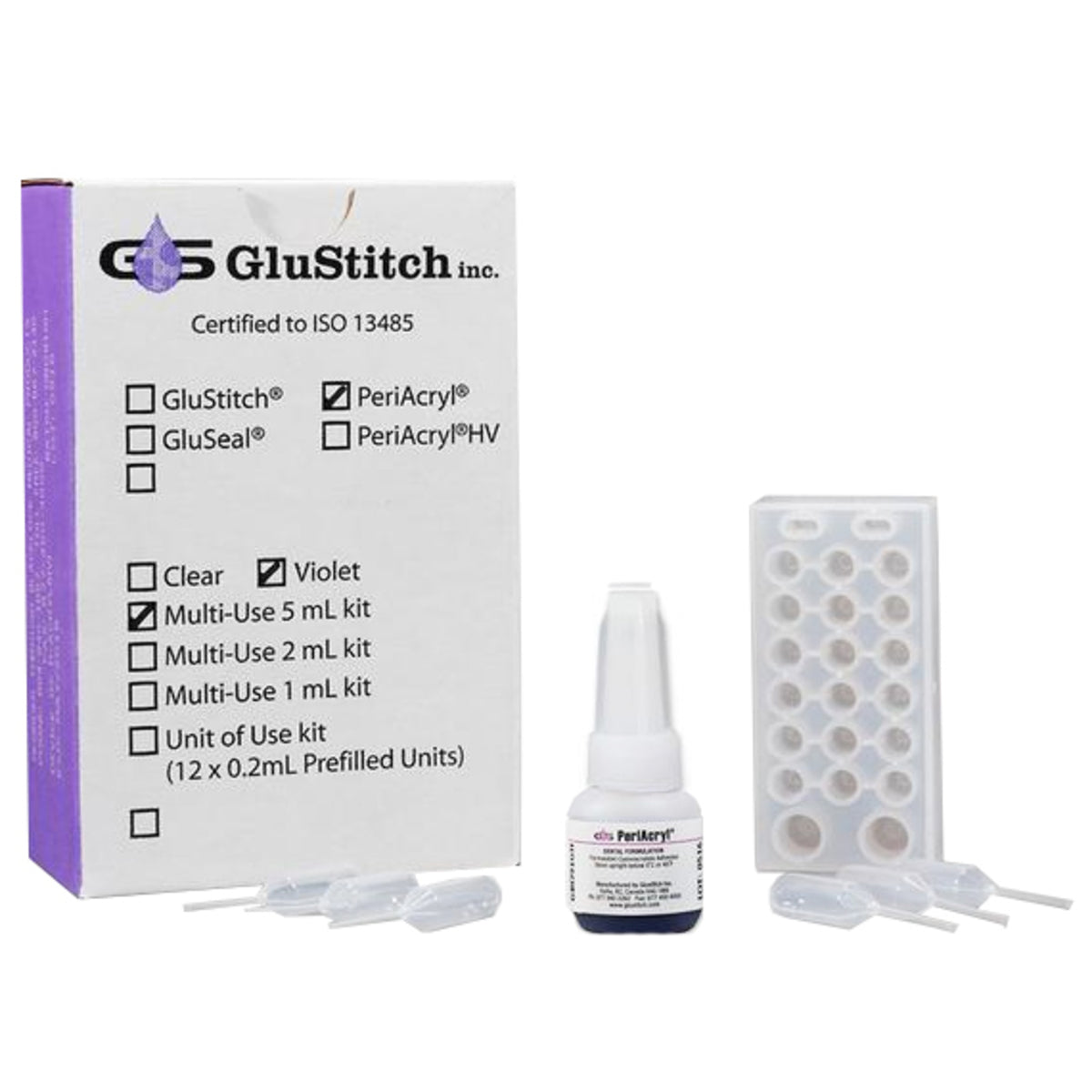 PeriAcryl Periodontal Tissue Adhesive, Violet, Regular Viscosity, 5 mL Bottle, 50 Applicators & Administration Tray