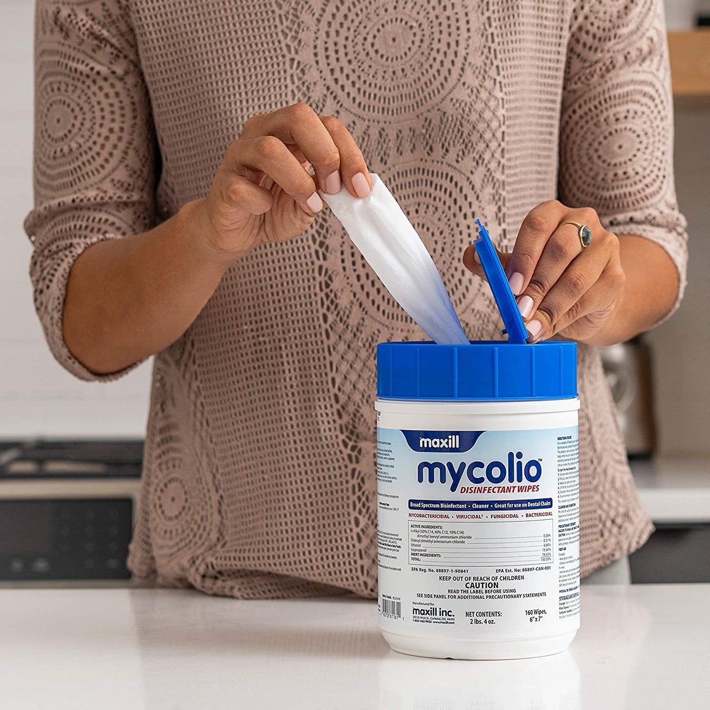 Maxill Mycolio Disinfecting Wipes (160Ct) Large 6x7", Hospital Grade, EPA Registered