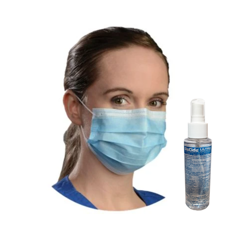 Premium Earloop 3PLY Pleated Dental Face Mask with DisCide Disinfectant Spray ASTM Level 3 Blue Color - Box of 50
